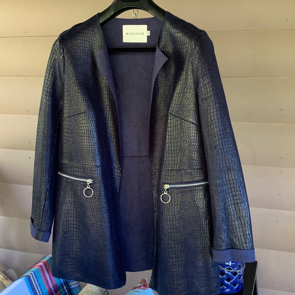 Navy Textured Blazer with Zipper Pockets